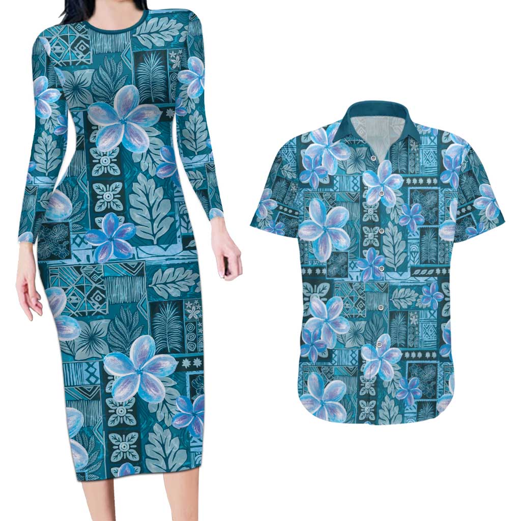 Cyan Hawaii Plumeria With Tropical Flowers Motifs Couples Matching Long Sleeve Bodycon Dress and Hawaiian Shirt LT14 Cyan - Polynesian Pride