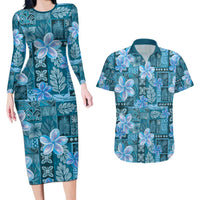Cyan Hawaii Plumeria With Tropical Flowers Motifs Couples Matching Long Sleeve Bodycon Dress and Hawaiian Shirt LT14 Cyan - Polynesian Pride