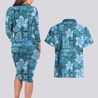 Cyan Hawaii Plumeria With Tropical Flowers Motifs Couples Matching Long Sleeve Bodycon Dress and Hawaiian Shirt LT14 - Polynesian Pride
