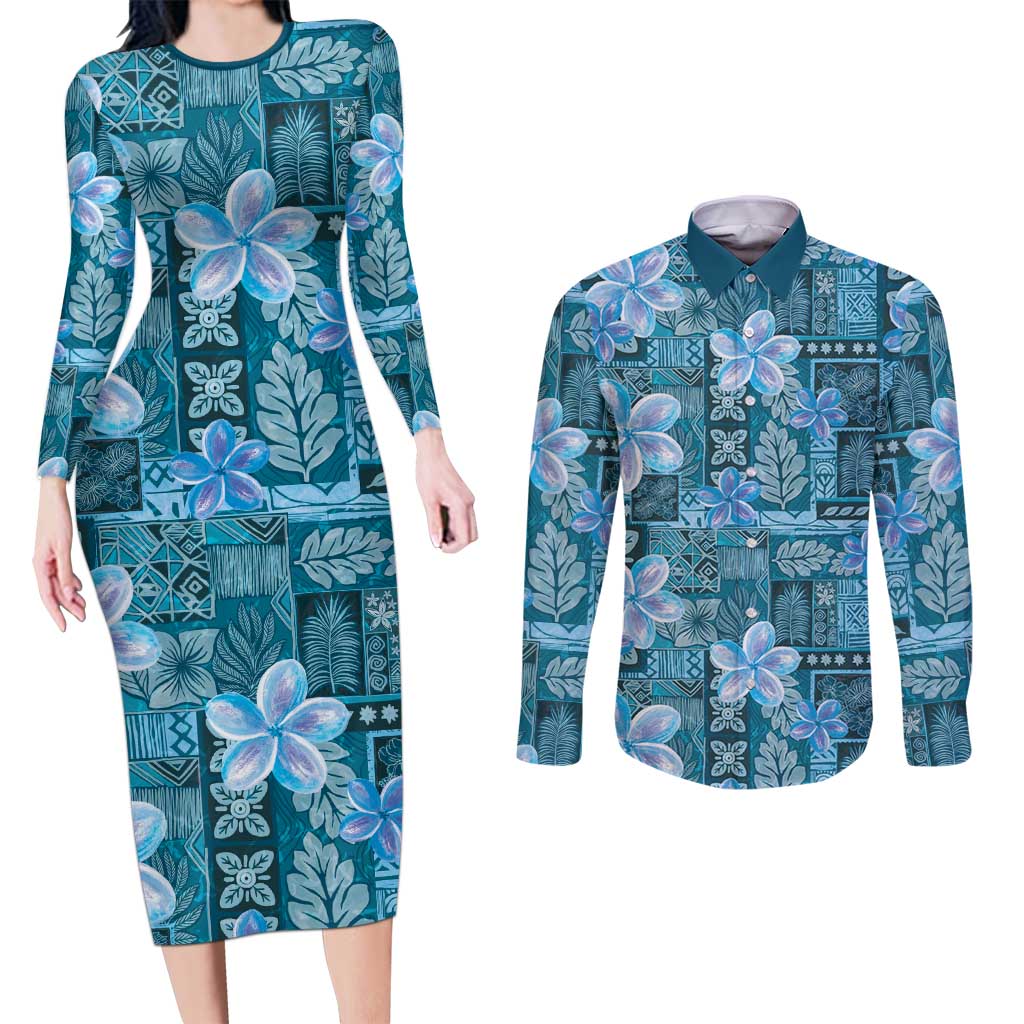 Cyan Hawaii Plumeria With Tropical Flowers Motifs Couples Matching Long Sleeve Bodycon Dress and Long Sleeve Button Shirt LT14 Cyan - Polynesian Pride