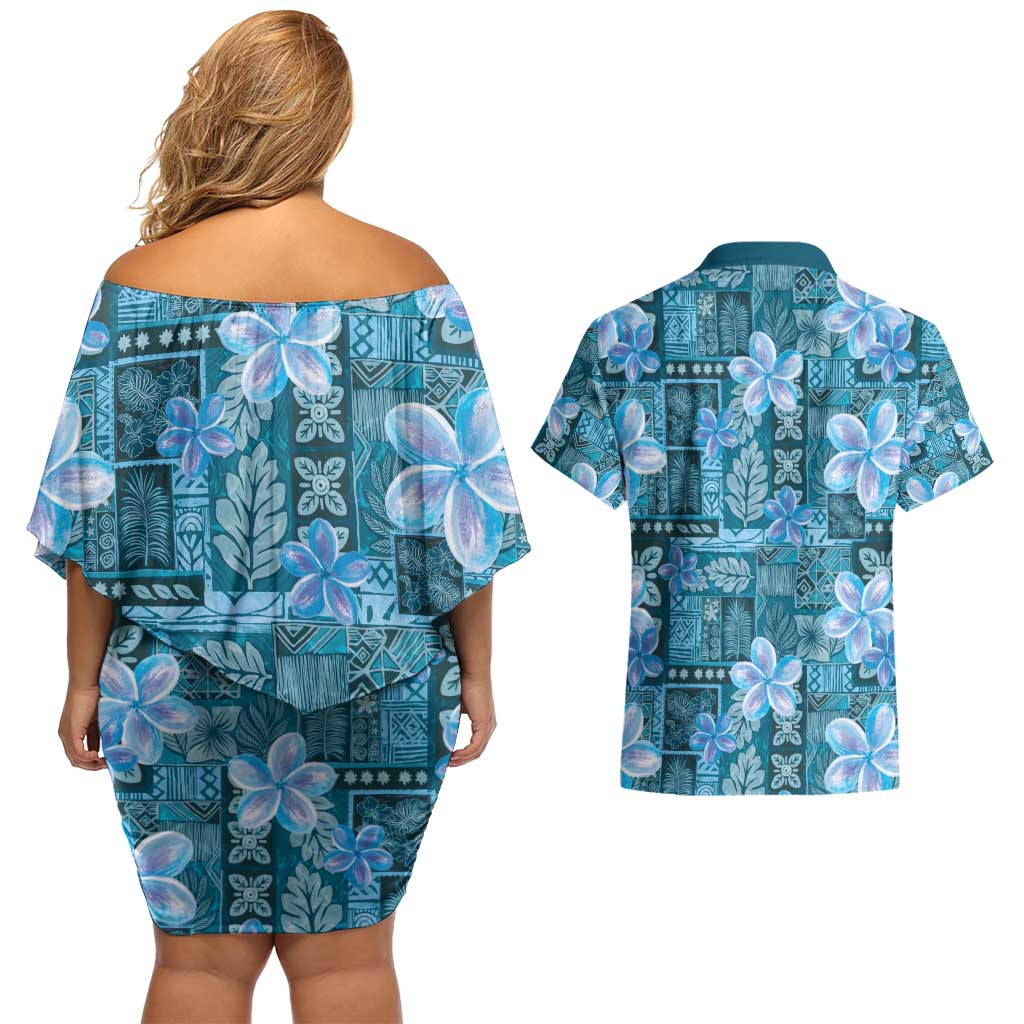 Cyan Hawaii Plumeria With Tropical Flowers Motifs Couples Matching Off Shoulder Short Dress and Hawaiian Shirt LT14 - Polynesian Pride