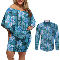 Cyan Hawaii Plumeria With Tropical Flowers Motifs Couples Matching Off Shoulder Short Dress and Long Sleeve Button Shirt LT14 Cyan - Polynesian Pride
