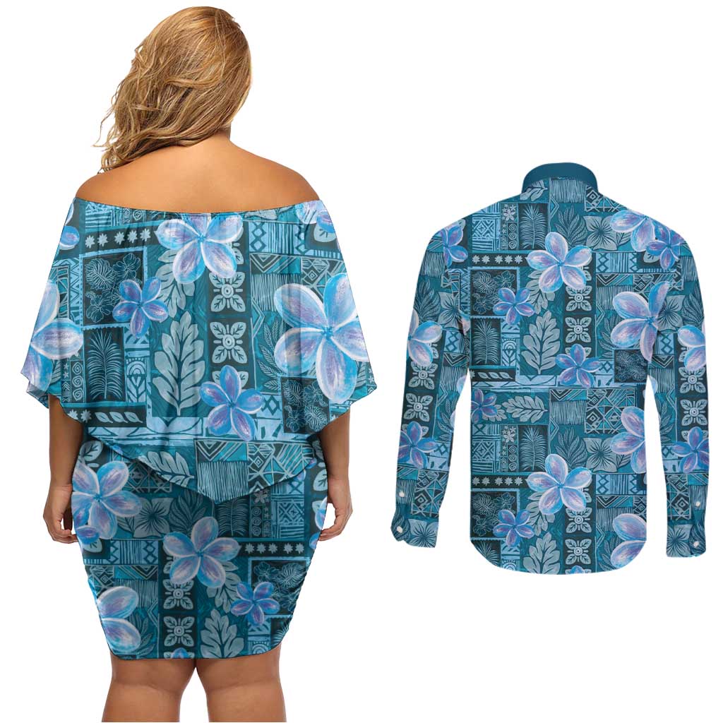 Cyan Hawaii Plumeria With Tropical Flowers Motifs Couples Matching Off Shoulder Short Dress and Long Sleeve Button Shirt LT14 - Polynesian Pride
