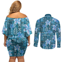 Cyan Hawaii Plumeria With Tropical Flowers Motifs Couples Matching Off Shoulder Short Dress and Long Sleeve Button Shirt LT14 - Polynesian Pride