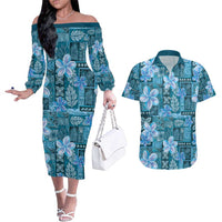 Cyan Hawaii Plumeria With Tropical Flowers Motifs Couples Matching Off The Shoulder Long Sleeve Dress and Hawaiian Shirt LT14 Cyan - Polynesian Pride