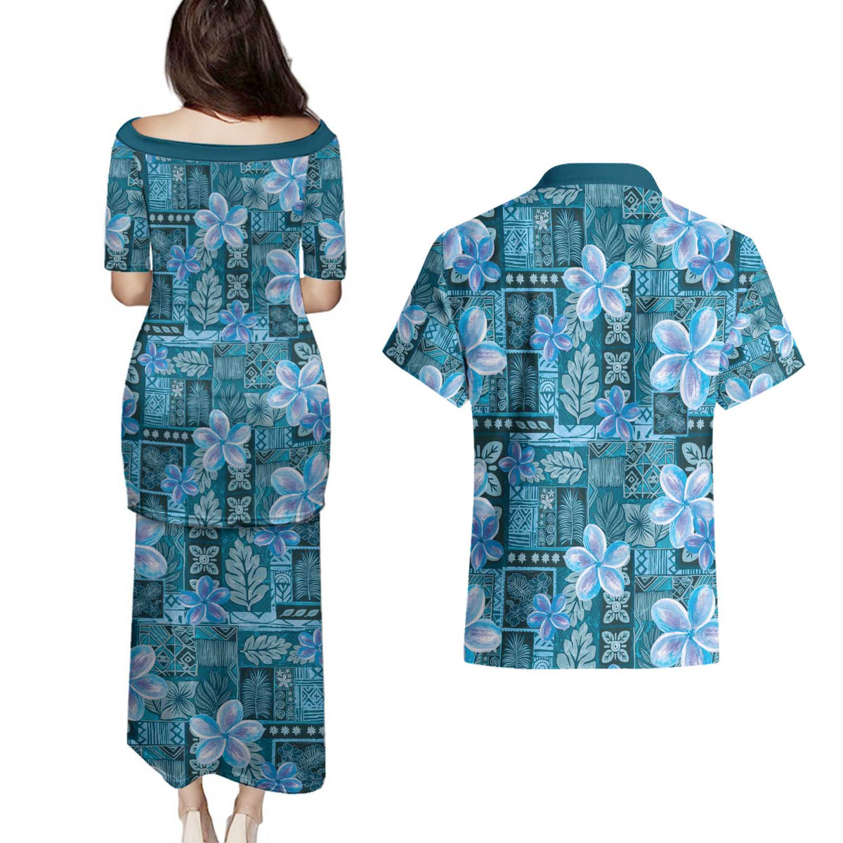 Cyan Hawaii Plumeria With Tropical Flowers Motifs Couples Matching Puletasi and Hawaiian Shirt
