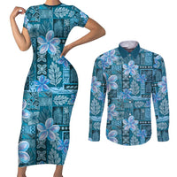 Cyan Hawaii Plumeria With Tropical Flowers Motifs Couples Matching Short Sleeve Bodycon Dress and Long Sleeve Button Shirt LT14 Cyan - Polynesian Pride