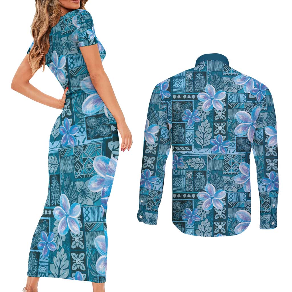 Cyan Hawaii Plumeria With Tropical Flowers Motifs Couples Matching Short Sleeve Bodycon Dress and Long Sleeve Button Shirt LT14 - Polynesian Pride