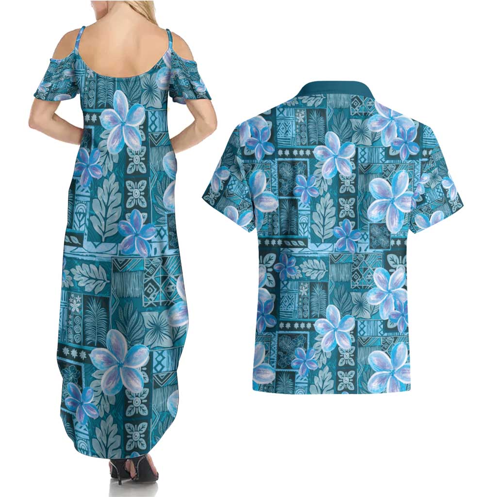 Cyan Hawaii Plumeria With Tropical Flowers Motifs Couples Matching Summer Maxi Dress and Hawaiian Shirt LT14 - Polynesian Pride