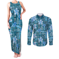 Cyan Hawaii Plumeria With Tropical Flowers Motifs Couples Matching Tank Maxi Dress and Long Sleeve Button Shirt LT14 Cyan - Polynesian Pride