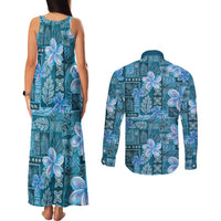 Cyan Hawaii Plumeria With Tropical Flowers Motifs Couples Matching Tank Maxi Dress and Long Sleeve Button Shirt LT14 - Polynesian Pride