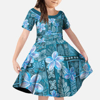Cyan Hawaii Plumeria With Tropical Flowers Motifs Family Matching Long Sleeve Bodycon Dress and Hawaiian Shirt LT14 Daughter's Dress Cyan - Polynesian Pride