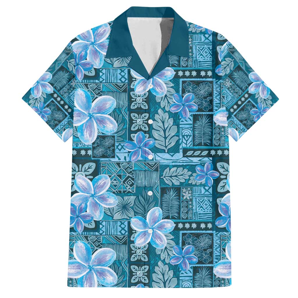 Cyan Hawaii Plumeria With Tropical Flowers Motifs Family Matching Long Sleeve Bodycon Dress and Hawaiian Shirt LT14 Dad's Shirt - Short Sleeve Cyan - Polynesian Pride