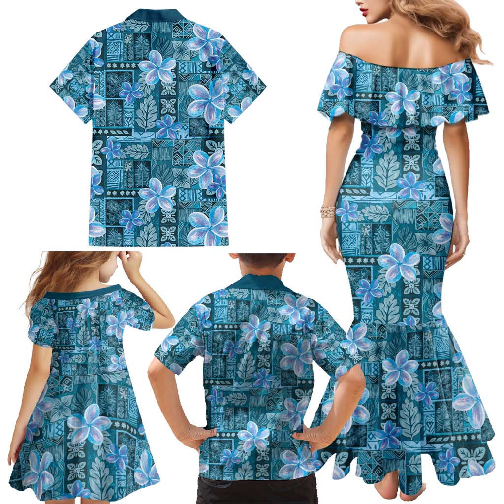 Cyan Hawaii Plumeria With Tropical Flowers Motifs Family Matching Mermaid Dress and Hawaiian Shirt LT14 - Polynesian Pride