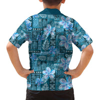 Cyan Hawaii Plumeria With Tropical Flowers Motifs Family Matching Off The Shoulder Long Sleeve Dress and Hawaiian Shirt LT14 - Polynesian Pride