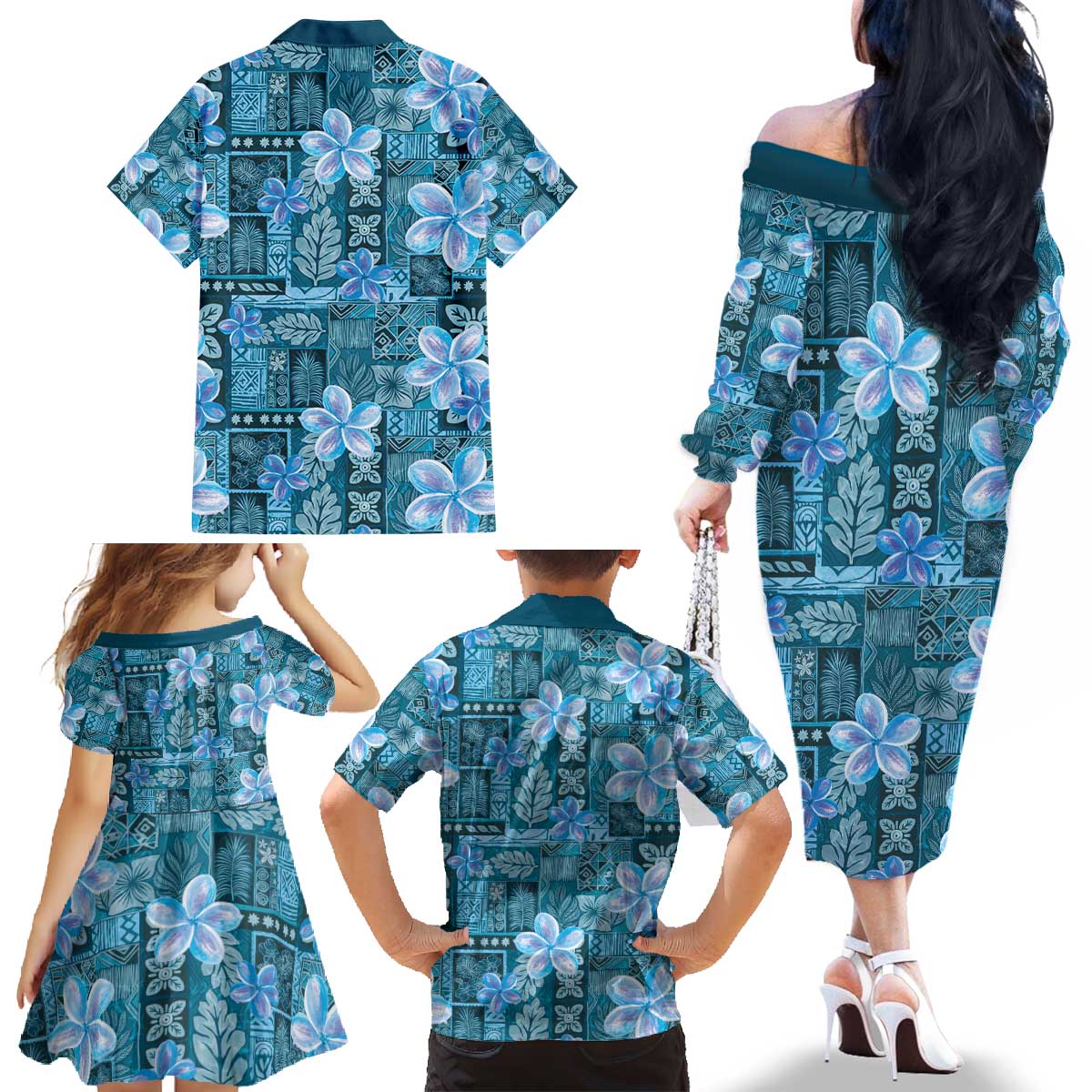 Cyan Hawaii Plumeria With Tropical Flowers Motifs Family Matching Off The Shoulder Long Sleeve Dress and Hawaiian Shirt LT14 - Polynesian Pride
