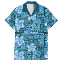 Cyan Hawaii Plumeria With Tropical Flowers Motifs Family Matching Off The Shoulder Long Sleeve Dress and Hawaiian Shirt LT14 Dad's Shirt - Short Sleeve Cyan - Polynesian Pride