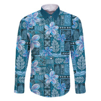 Cyan Hawaii Plumeria With Tropical Flowers Motifs Family Matching Off The Shoulder Long Sleeve Dress and Hawaiian Shirt LT14 Dad's Shirt - Long Sleeve Cyan - Polynesian Pride