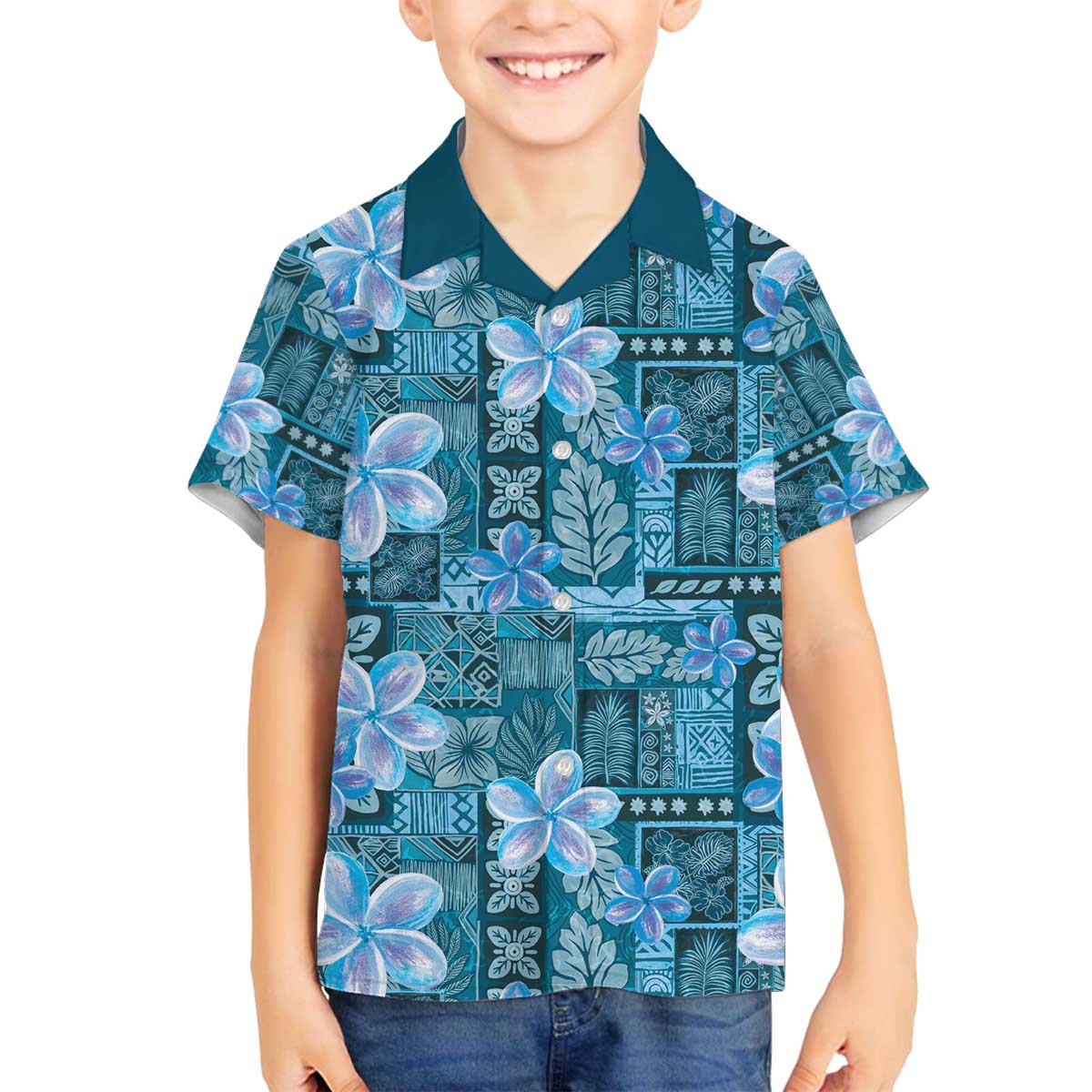 Cyan Hawaii Plumeria With Tropical Flowers Motifs Family Matching Off The Shoulder Long Sleeve Dress and Hawaiian Shirt LT14 Son's Shirt Cyan - Polynesian Pride