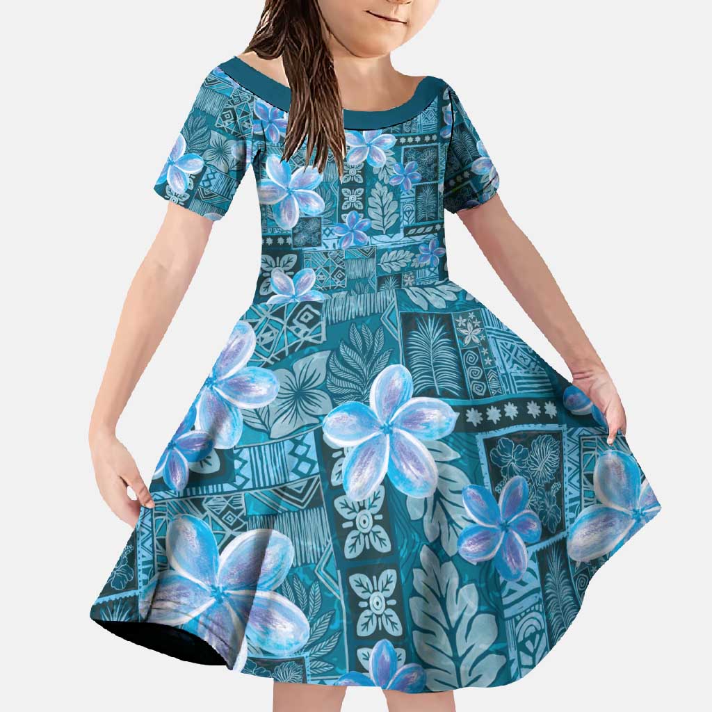 Cyan Hawaii Plumeria With Tropical Flowers Motifs Family Matching Off Shoulder Maxi Dress and Hawaiian Shirt LT14 Daughter's Dress Cyan - Polynesian Pride