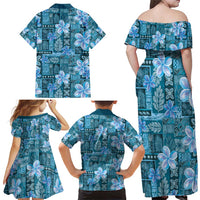 Cyan Hawaii Plumeria With Tropical Flowers Motifs Family Matching Off Shoulder Maxi Dress and Hawaiian Shirt LT14 - Polynesian Pride