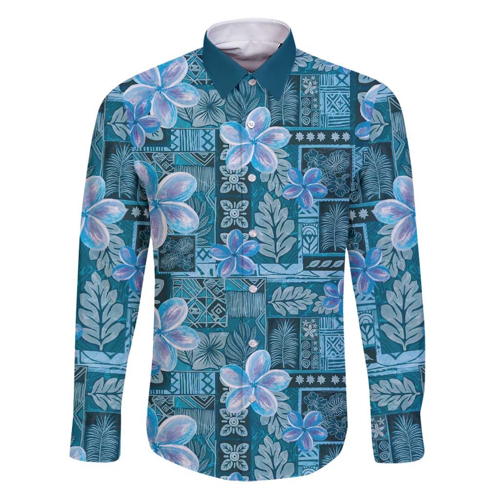 Cyan Hawaii Plumeria With Tropical Flowers Motifs Family Matching Puletasi and Hawaiian Shirt LT14 Dad's Shirt - Long Sleeve Cyan - Polynesian Pride