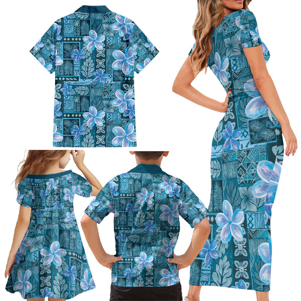 Cyan Hawaii Plumeria With Tropical Flowers Motifs Family Matching Short Sleeve Bodycon Dress and Hawaiian Shirt LT14 - Polynesian Pride