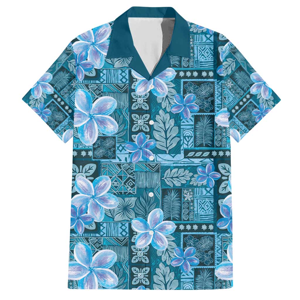 Cyan Hawaii Plumeria With Tropical Flowers Motifs Family Matching Short Sleeve Bodycon Dress and Hawaiian Shirt LT14 Dad's Shirt - Short Sleeve Cyan - Polynesian Pride