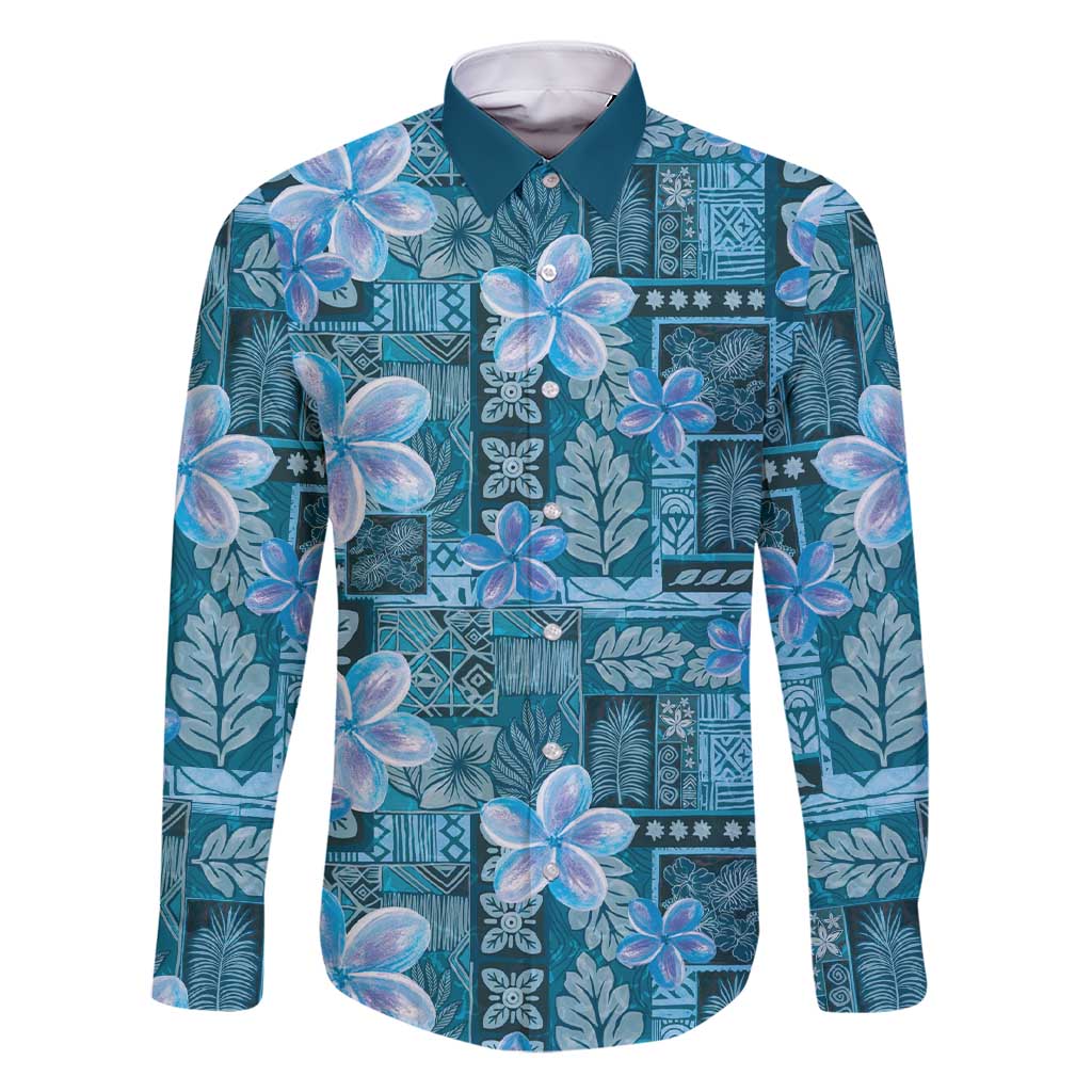 Cyan Hawaii Plumeria With Tropical Flowers Motifs Family Matching Short Sleeve Bodycon Dress and Hawaiian Shirt LT14 Dad's Shirt - Long Sleeve Cyan - Polynesian Pride