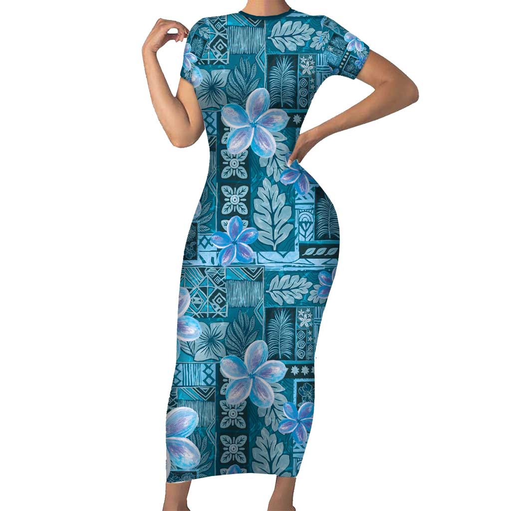 Cyan Hawaii Plumeria With Tropical Flowers Motifs Family Matching Short Sleeve Bodycon Dress and Hawaiian Shirt LT14 Mom's Dress Cyan - Polynesian Pride