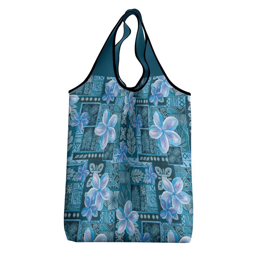 Cyan Hawaii Plumeria With Tropical Flowers Motifs Grocery Bag