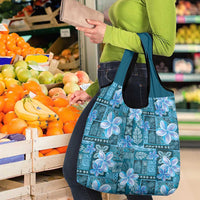 Cyan Hawaii Plumeria With Tropical Flowers Motifs Grocery Bag