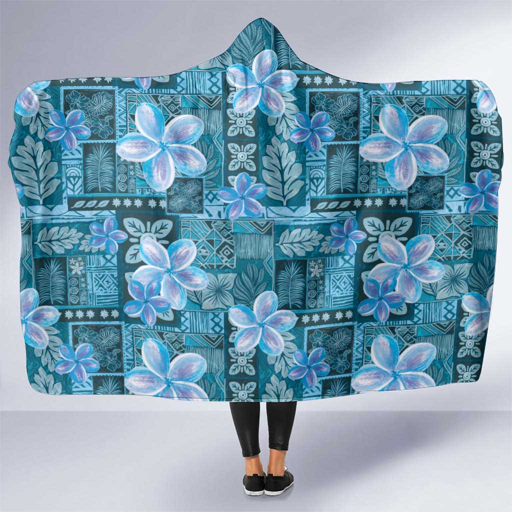 Cyan Hawaii Plumeria With Tropical Flowers Motifs Hooded Blanket