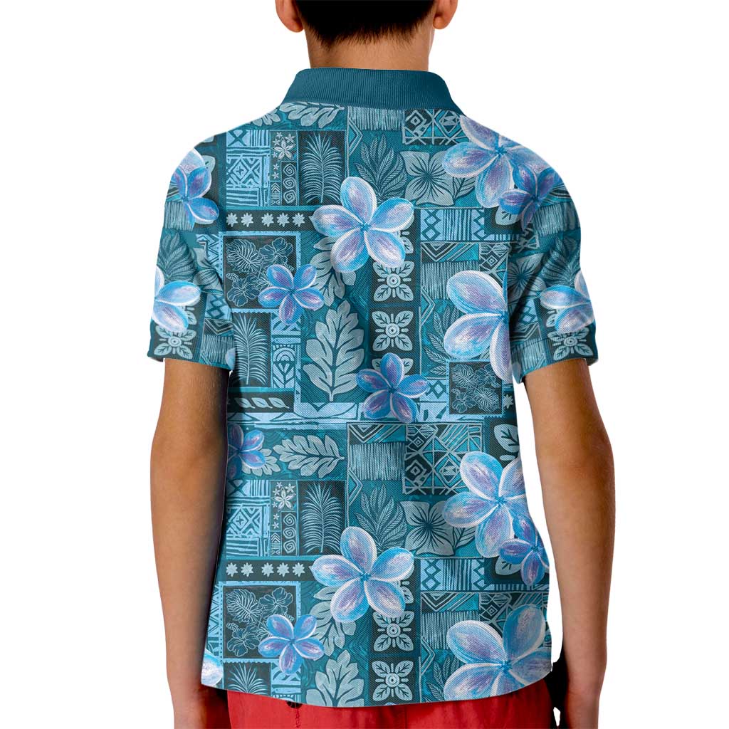 Cyan Hawaii Plumeria With Tropical Flowers Motifs Kid Polo Shirt