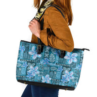 Cyan Hawaii Plumeria With Tropical Flowers Motifs Leather Tote Bag LT14 Cyan - Polynesian Pride
