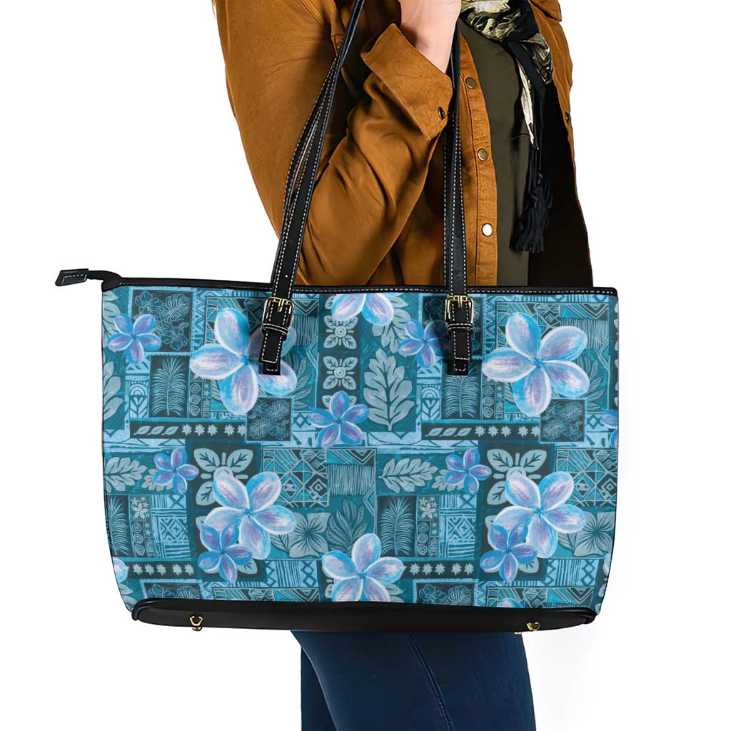 Cyan Hawaii Plumeria With Tropical Flowers Motifs Leather Tote Bag LT14 - Polynesian Pride