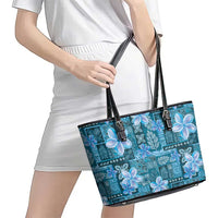 Cyan Hawaii Plumeria With Tropical Flowers Motifs Leather Tote Bag LT14 - Polynesian Pride