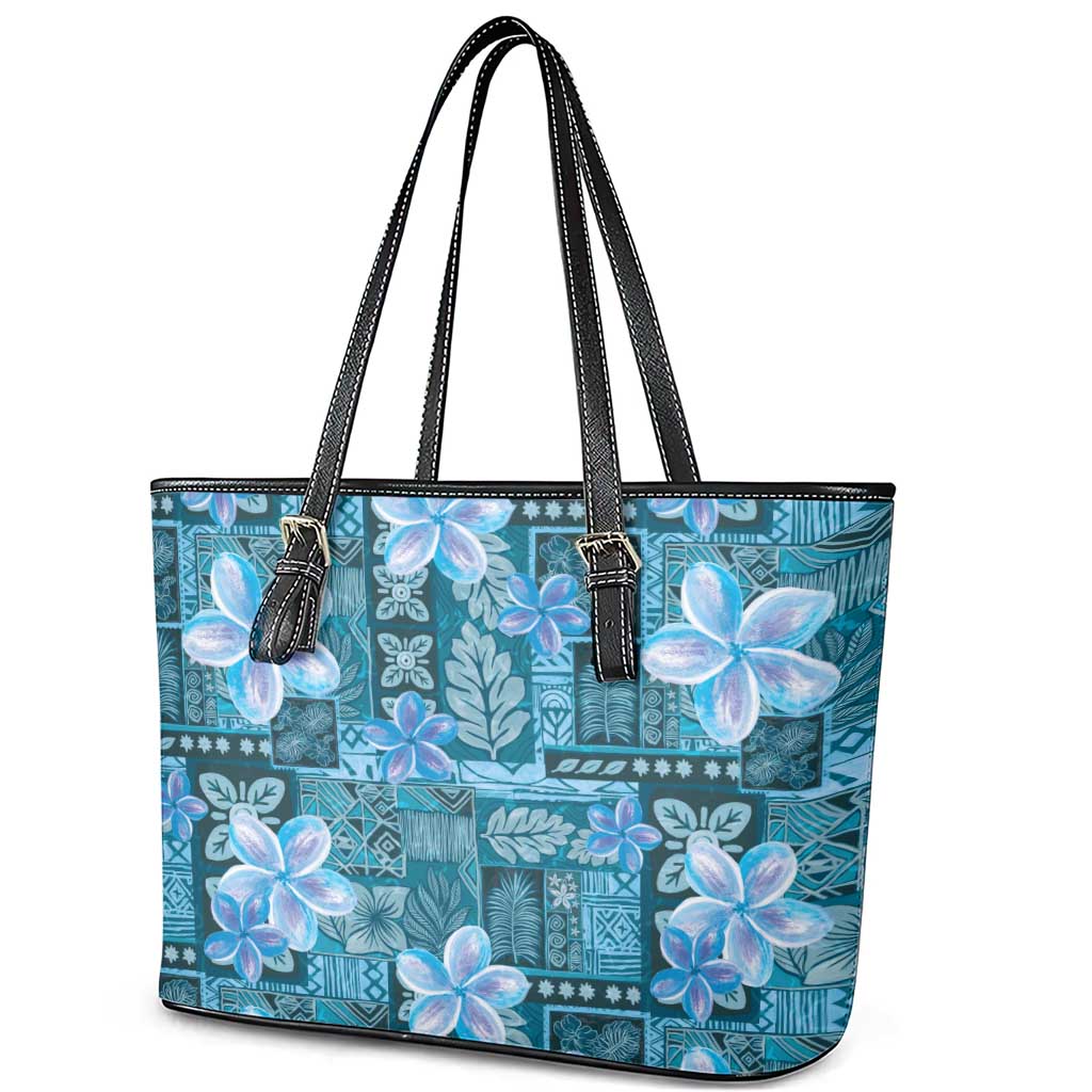 Cyan Hawaii Plumeria With Tropical Flowers Motifs Leather Tote Bag LT14 - Polynesian Pride