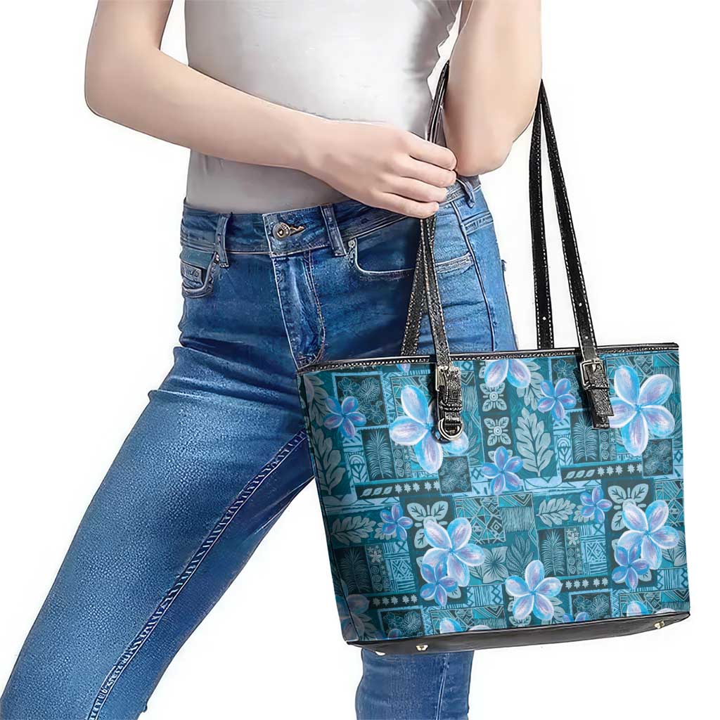 Cyan Hawaii Plumeria With Tropical Flowers Motifs Leather Tote Bag LT14 - Polynesian Pride