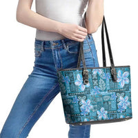 Cyan Hawaii Plumeria With Tropical Flowers Motifs Leather Tote Bag LT14 - Polynesian Pride