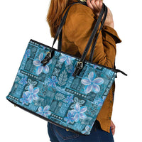 Cyan Hawaii Plumeria With Tropical Flowers Motifs Leather Tote Bag LT14 - Polynesian Pride