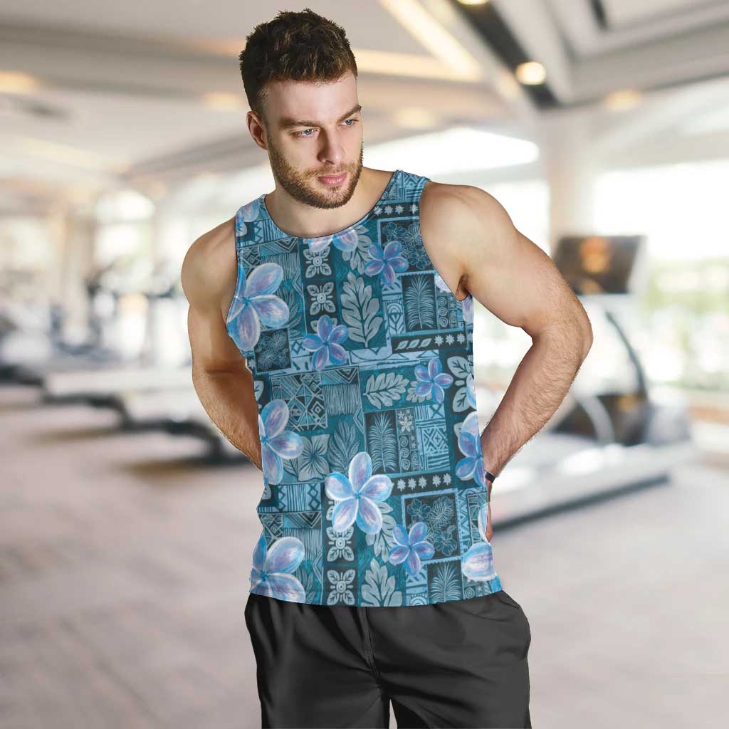 Cyan Hawaii Plumeria With Tropical Flowers Motifs Men Tank Top