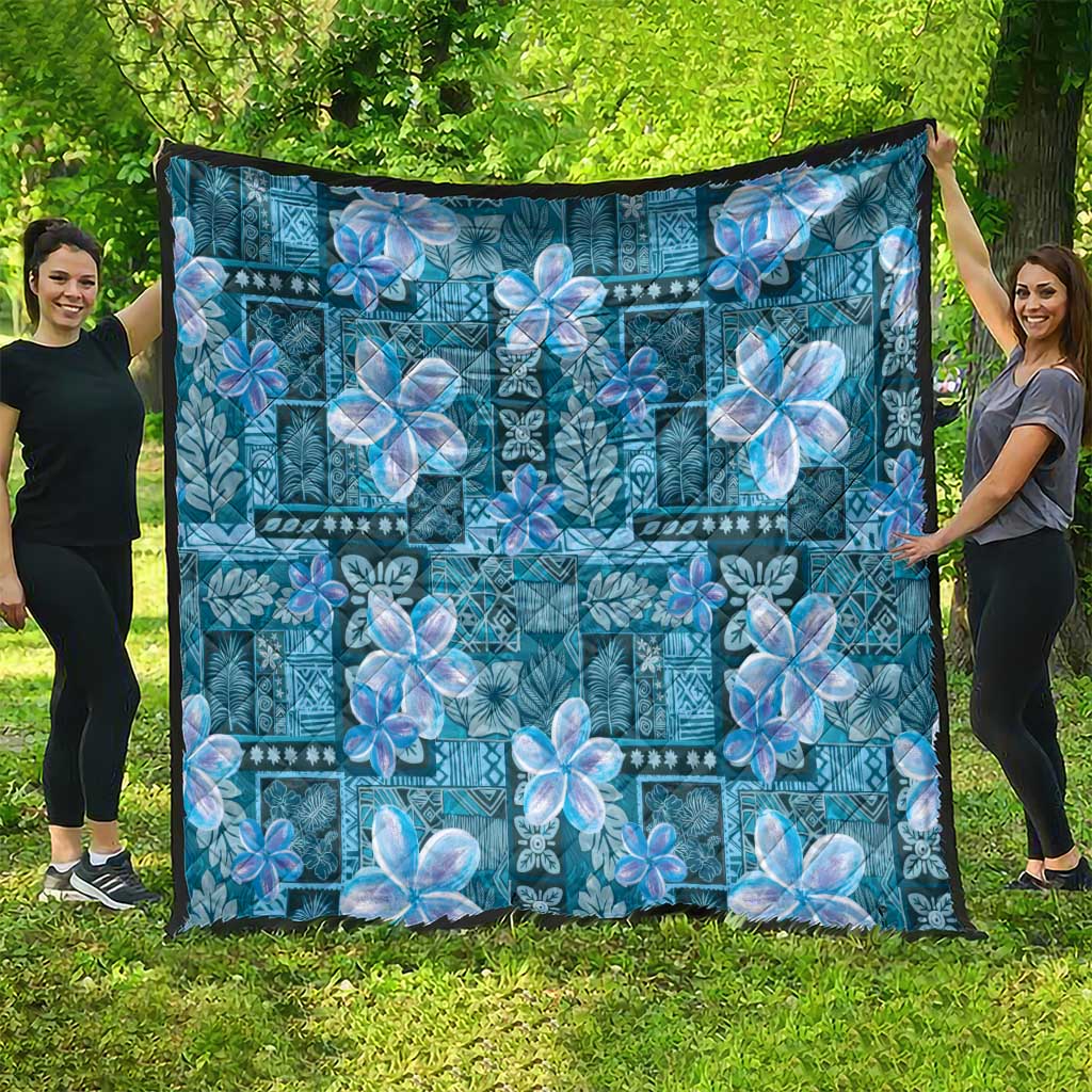 Cyan Hawaii Plumeria With Tropical Flowers Motifs Quilt