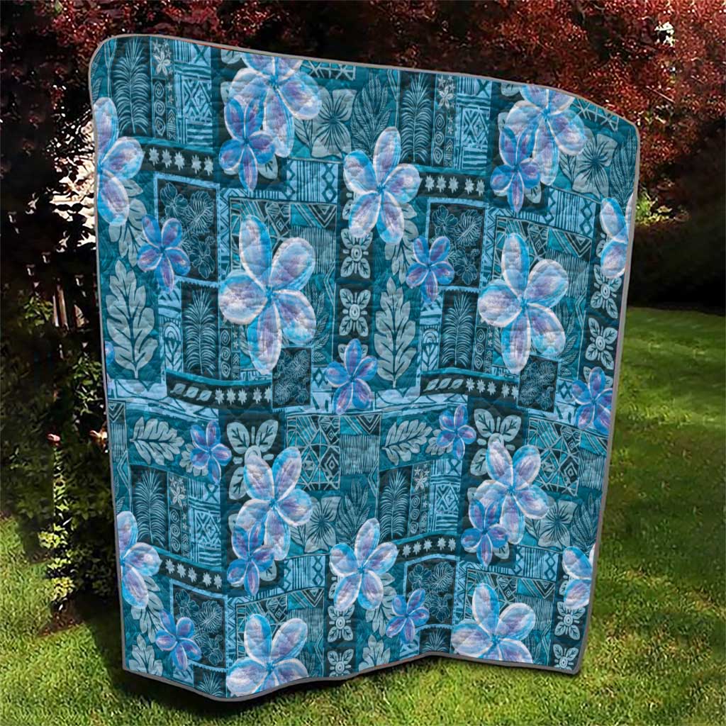 Cyan Hawaii Plumeria With Tropical Flowers Motifs Quilt