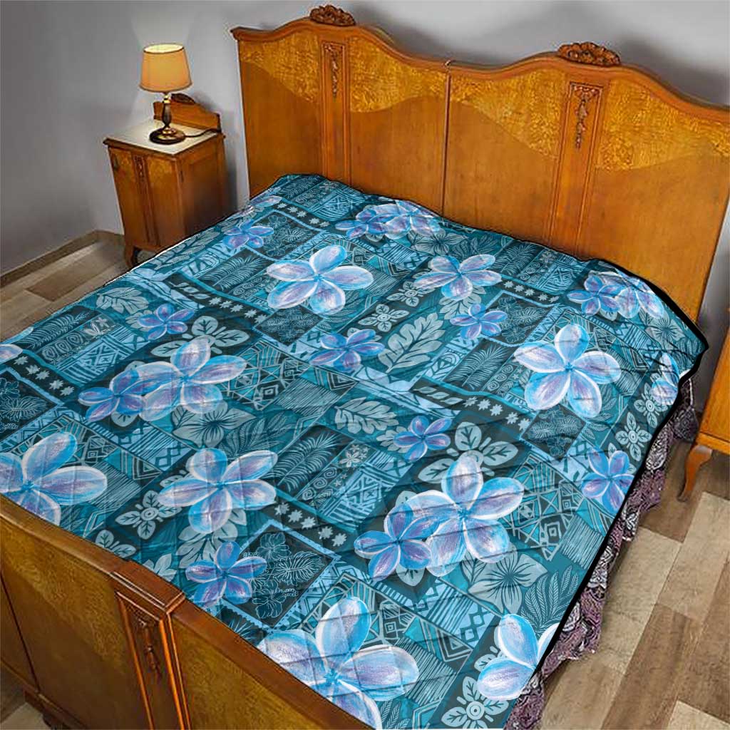 Cyan Hawaii Plumeria With Tropical Flowers Motifs Quilt