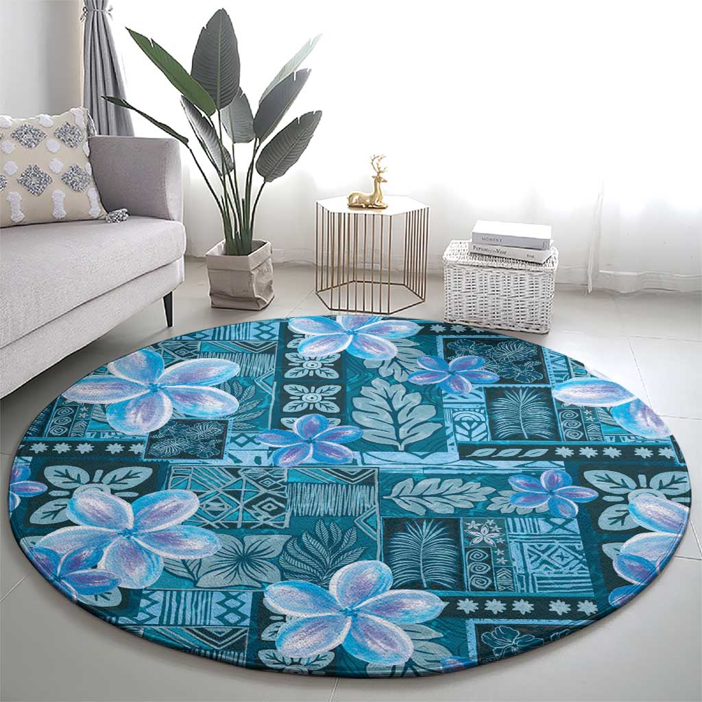 Cyan Hawaii Plumeria With Tropical Flowers Motifs Round Carpet
