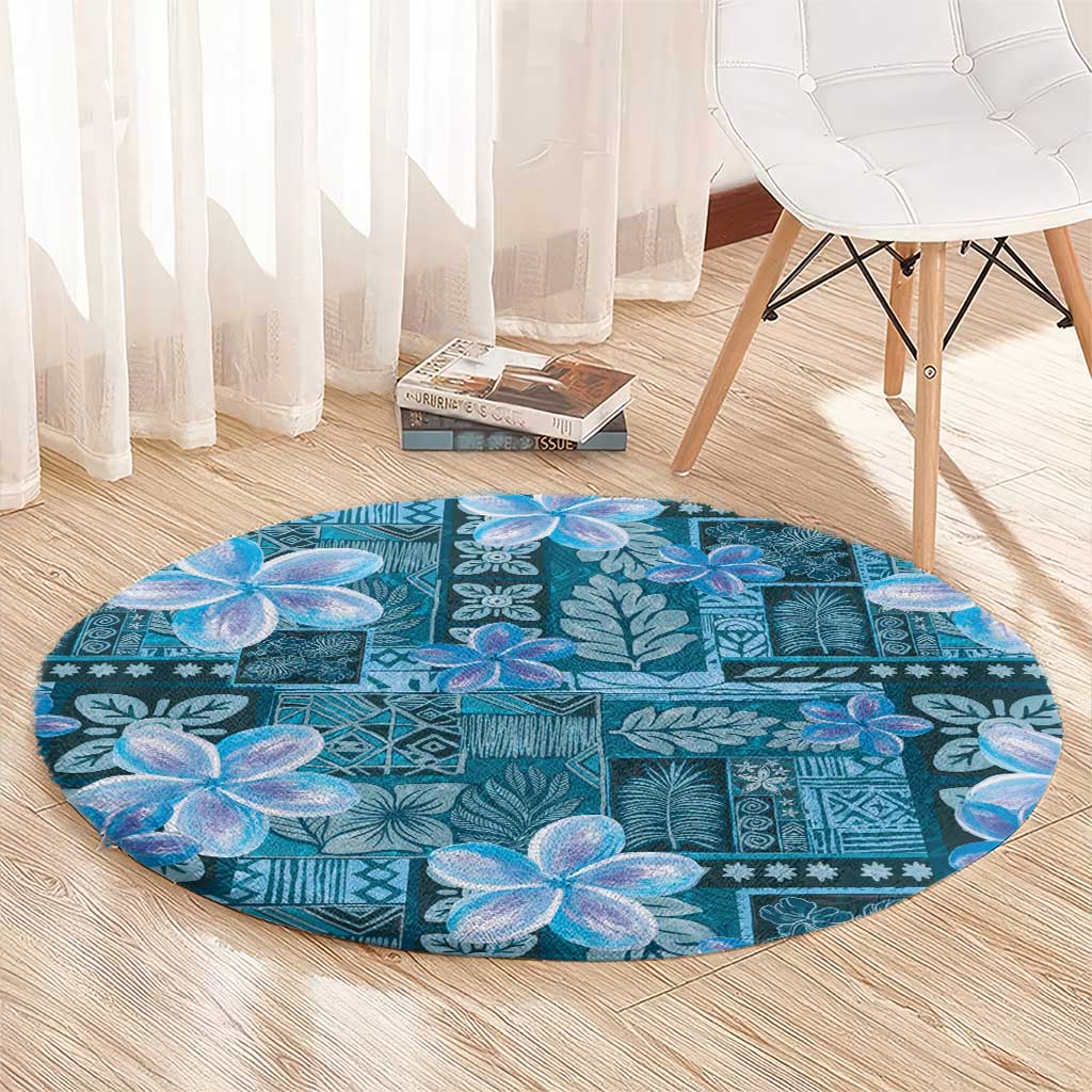 Cyan Hawaii Plumeria With Tropical Flowers Motifs Round Carpet