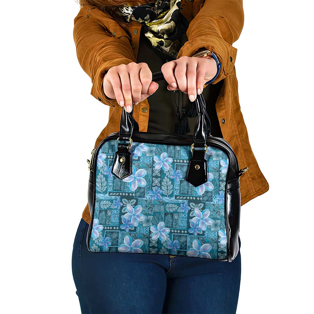 Cyan Hawaii Plumeria With Tropical Flowers Motifs Shoulder Handbag