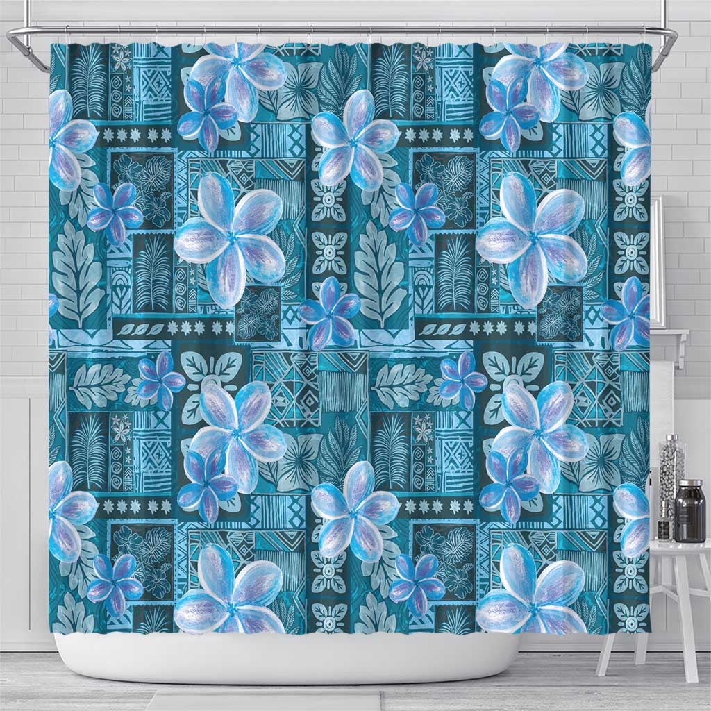 Cyan Hawaii Plumeria With Tropical Flowers Motifs Shower Curtain