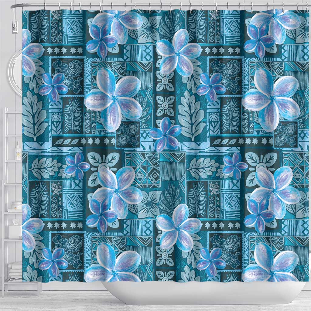 Cyan Hawaii Plumeria With Tropical Flowers Motifs Shower Curtain